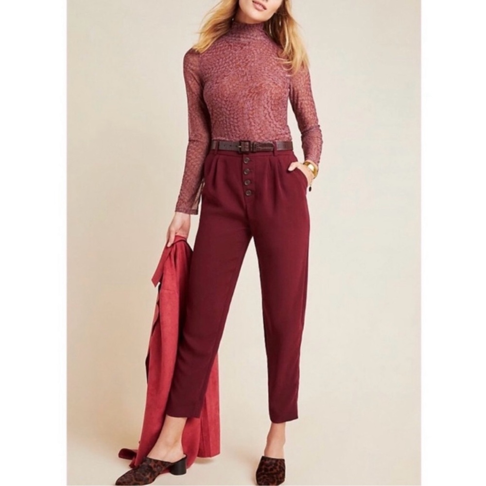 ANTHROPOLOGIE | Sasha Button Fly Wine Tapered Trousers Size 0